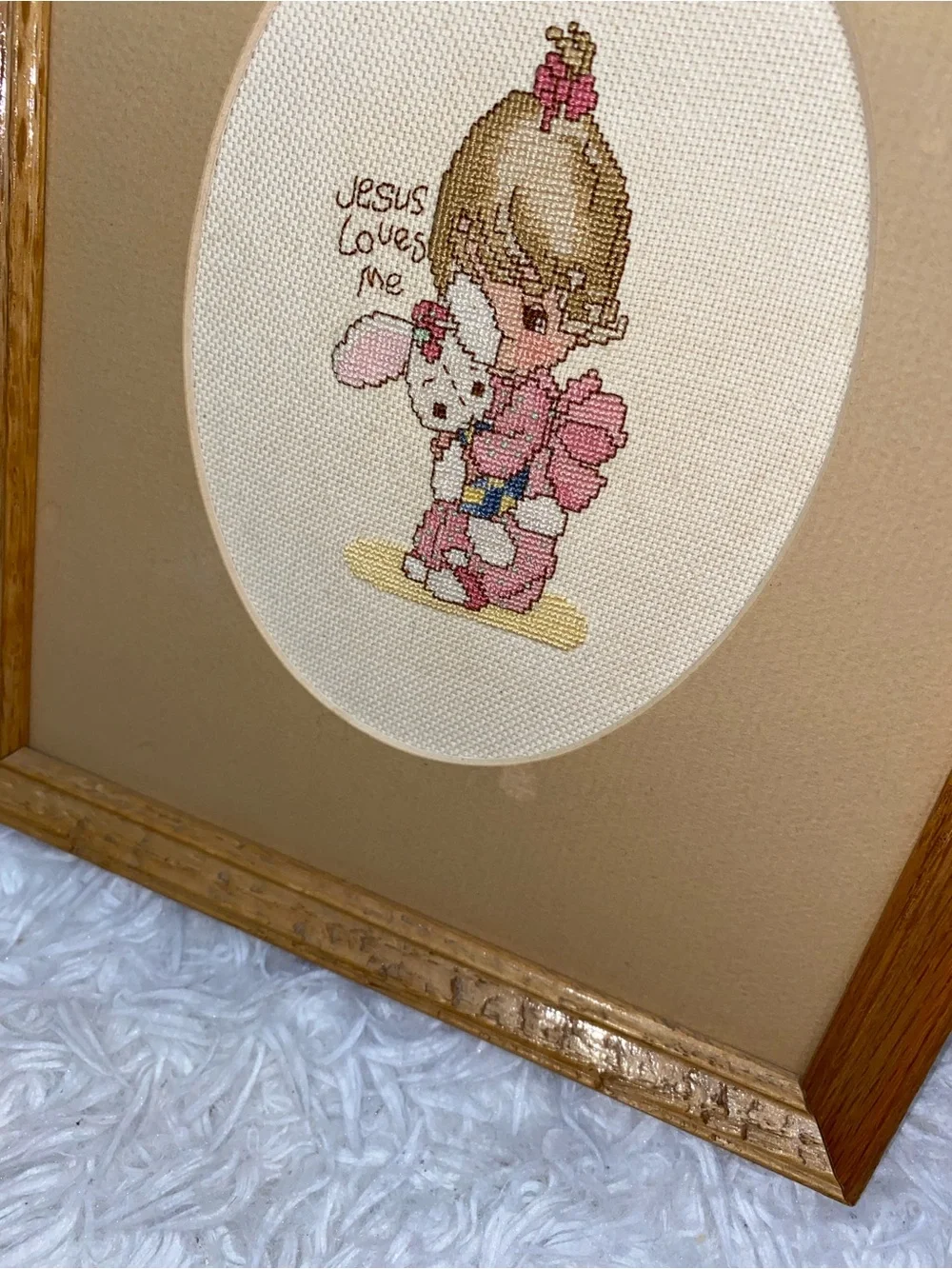 Vintage Precious Moments cross stitch framed picture 8x10 Jesus Loves Me
